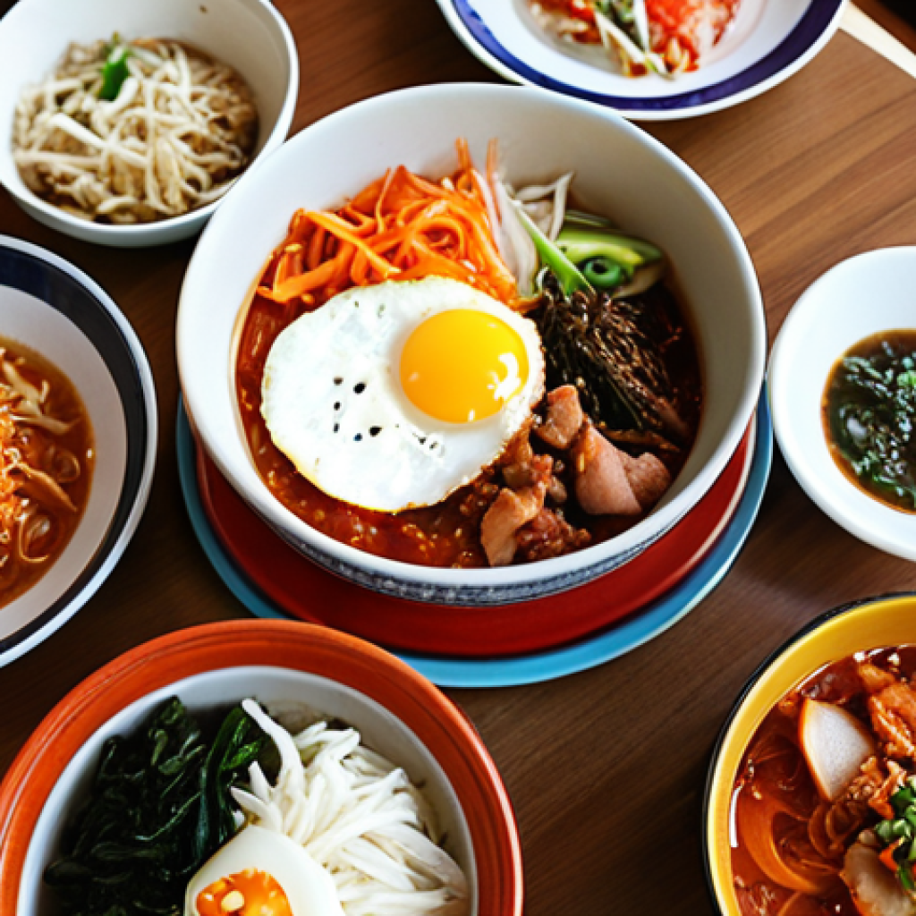 **A vibrant, homemade Korean meal spread in a Thai home setting.** The table is filled with colorful dishes like kimchi, bibimbap with a perfectly fried egg, and a steaming bowl of kimchi soup. Focus on the fresh ingredients and the warm, inviting atmosphere of a Thai kitchen.