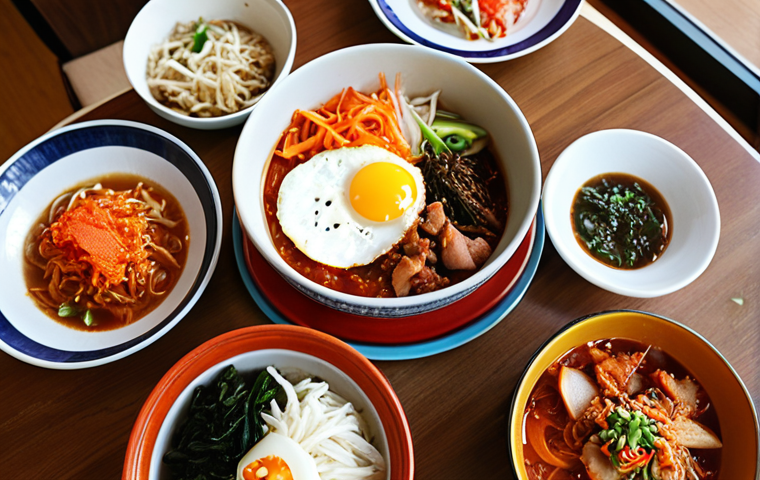 **A vibrant, homemade Korean meal spread in a Thai home setting.** The table is filled with colorful dishes like kimchi, bibimbap with a perfectly fried egg, and a steaming bowl of kimchi soup. Focus on the fresh ingredients and the warm, inviting atmosphere of a Thai kitchen.